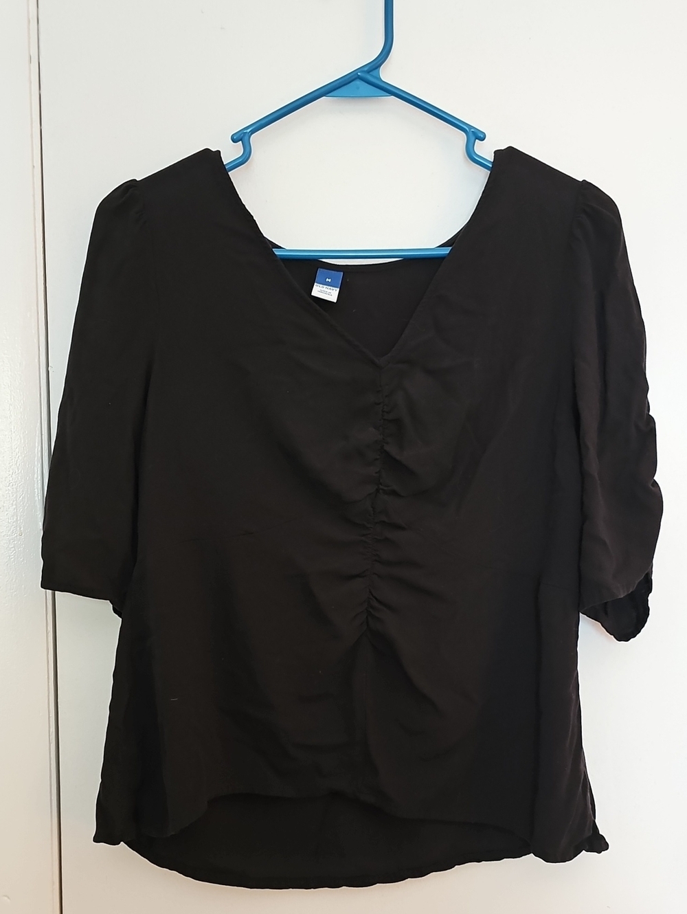 Old Navy Black V-Neck Ruched Front Short Puff Sleeve Blouse
